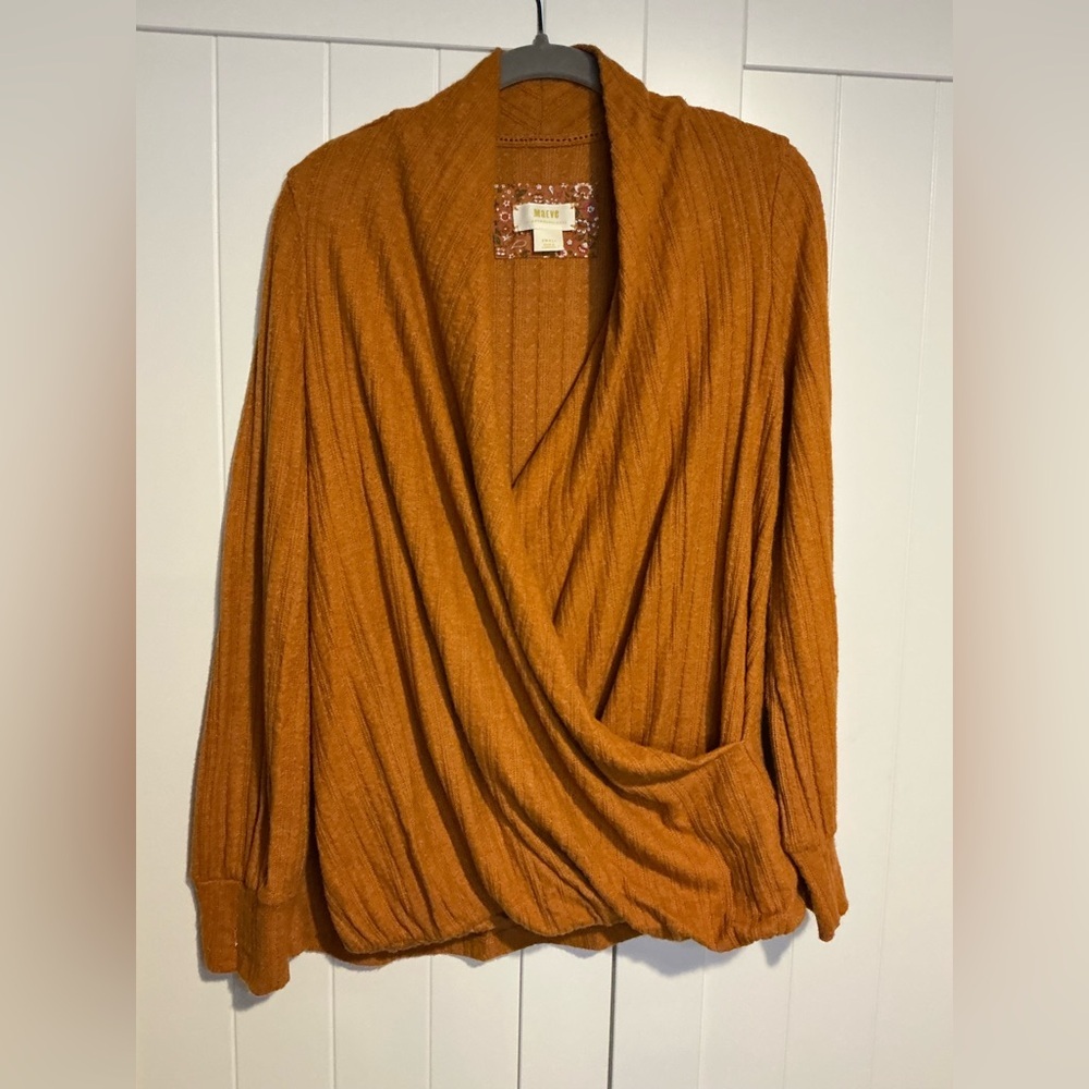 Maeve Anthropologie Burnt Orange Ribbed Surplice Wrap Sweater OB1089505 Small